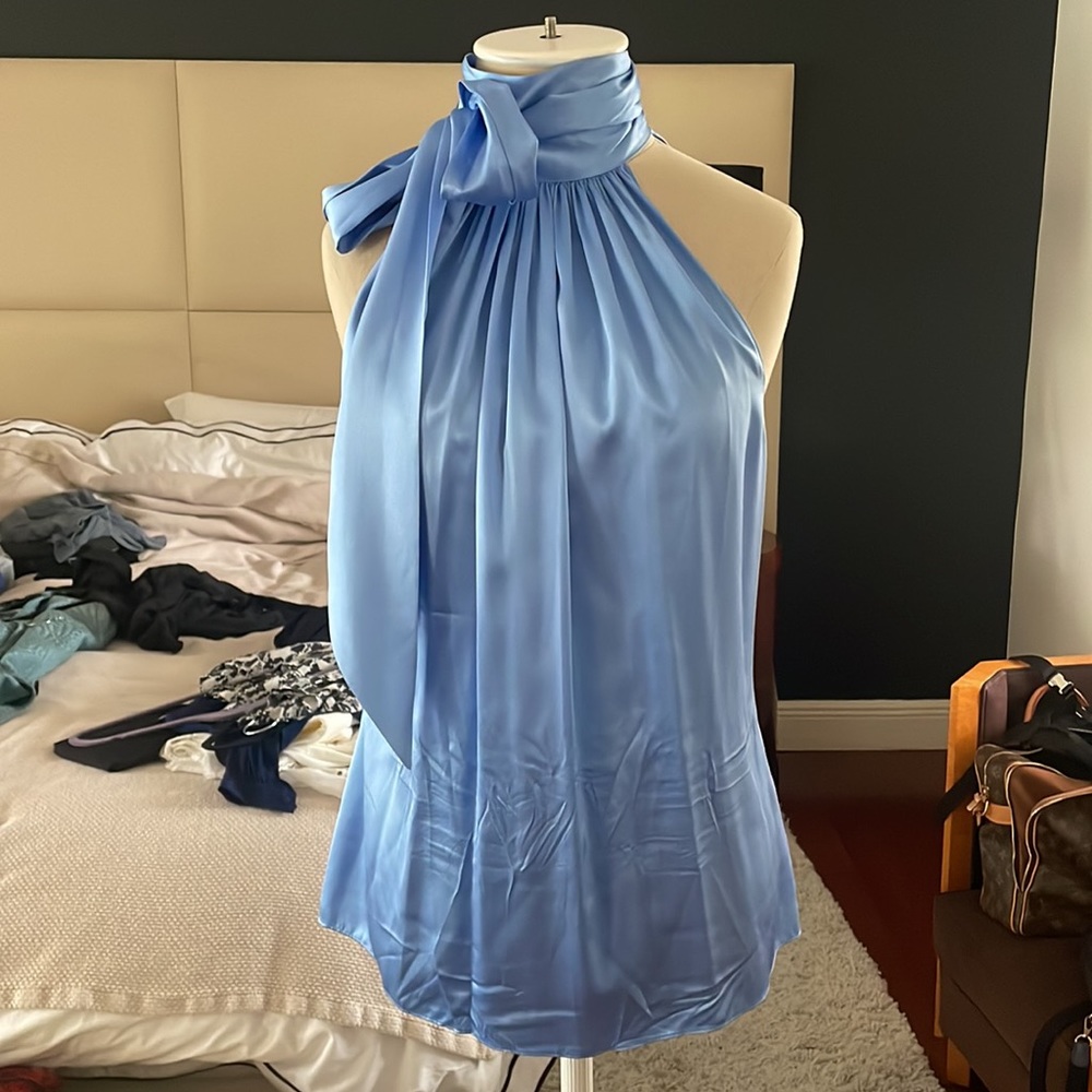 Ramy Brook Lori High Neck Tank Top Satin Light Blue